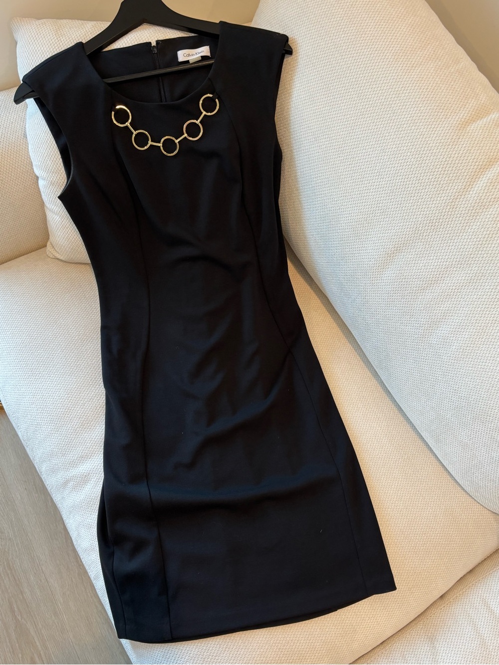 Calvin Klein Black Sleeveless Sheath Dress with Gold Necklace Detail